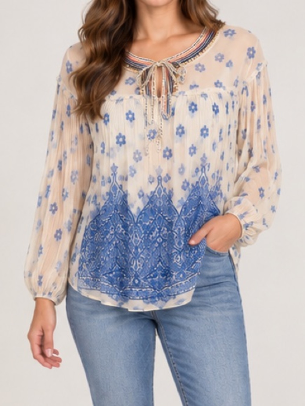 Label Ritu Kumar Blue Ivory Floral Sheer Embellished Blouse Size 2
